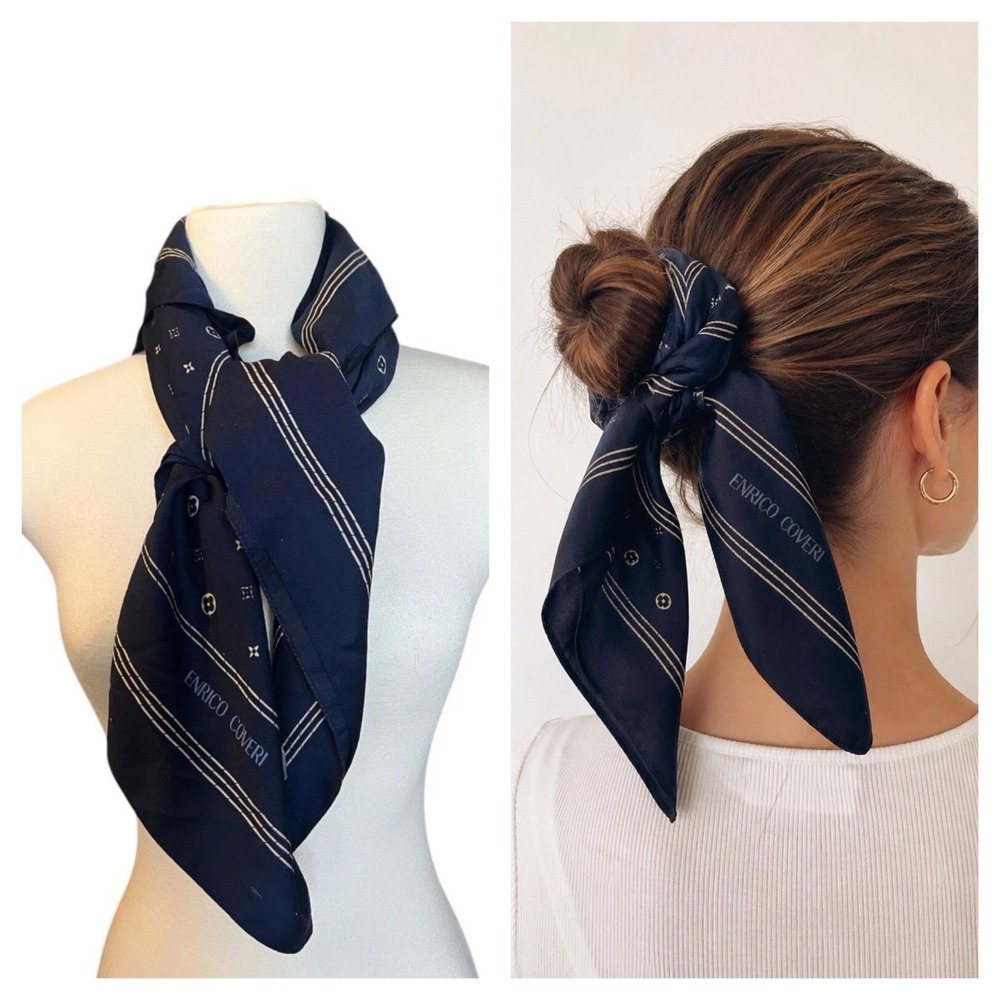 Enrico Coveri Navy Scarf Minimalist Chic Lightweight Neck Hair Scarf Euro Classi